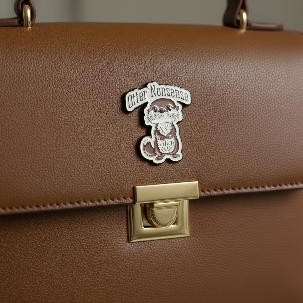 Otter nonsense enamel pin attached to purse otter brooch accessory for bags and personal style