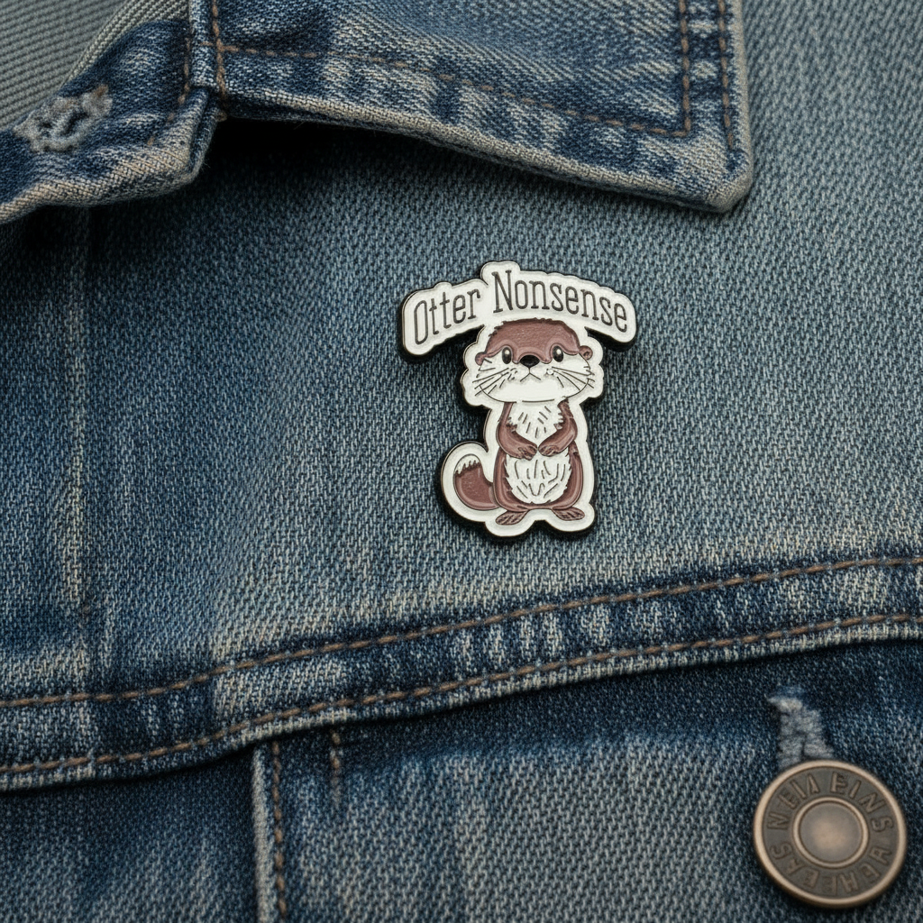 Otter nonsense enamel pin worn on jacket lapel, cute pin style for everyday wear