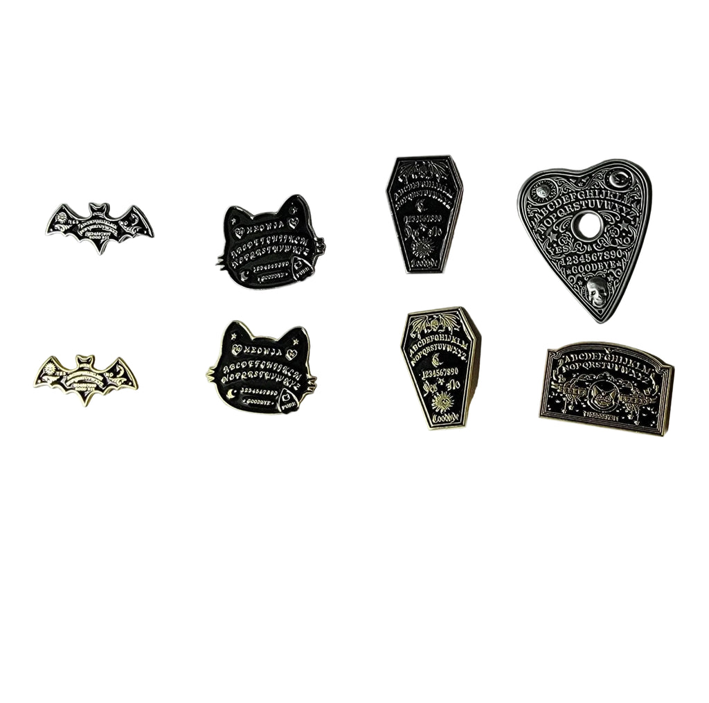 Ouija Planchette Enamel Pin collection featuring eight designs, occult gift for jackets and bags 