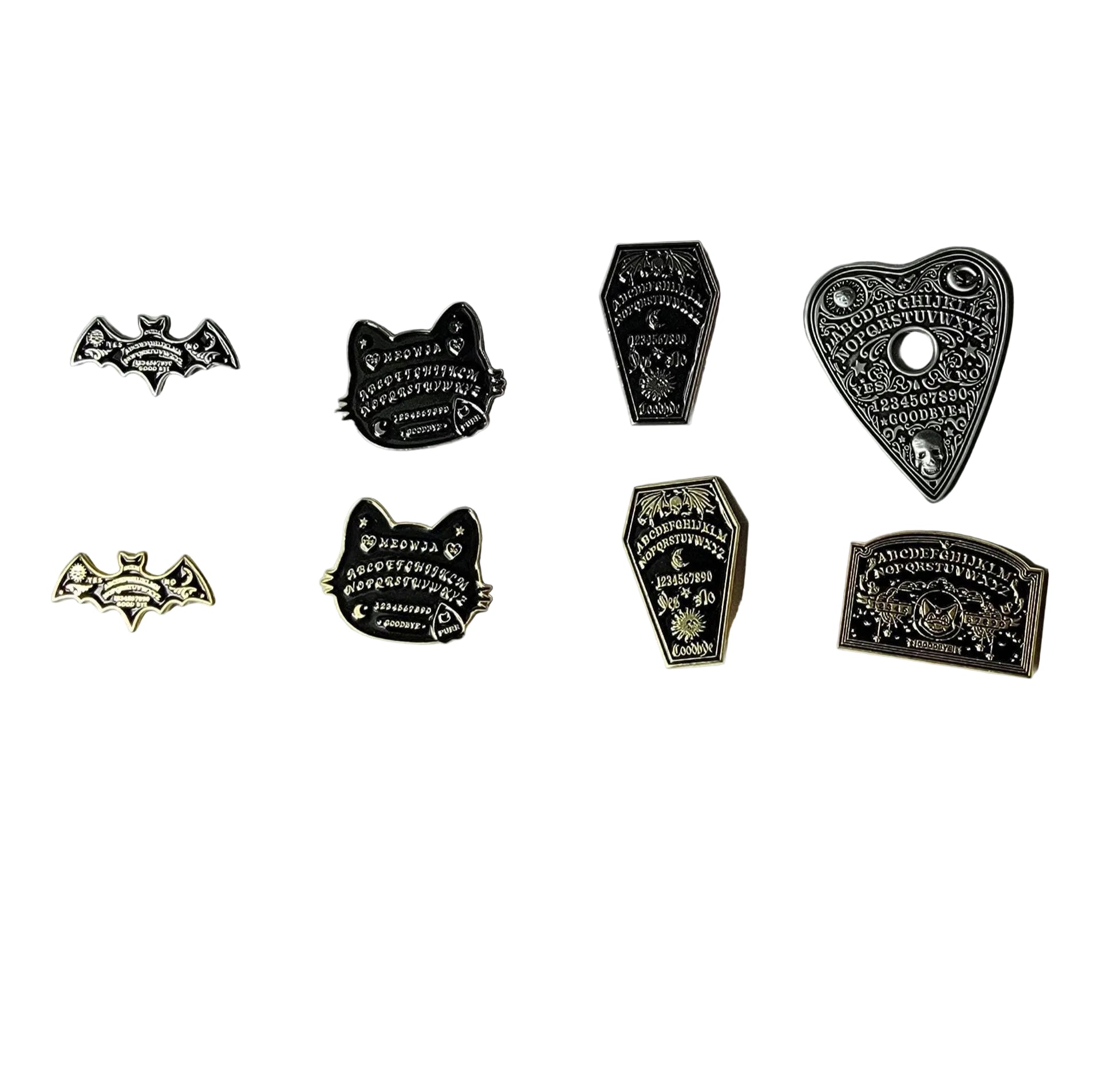 Ouija Planchette Enamel Pin collection featuring eight designs, occult gift for jackets and bags 