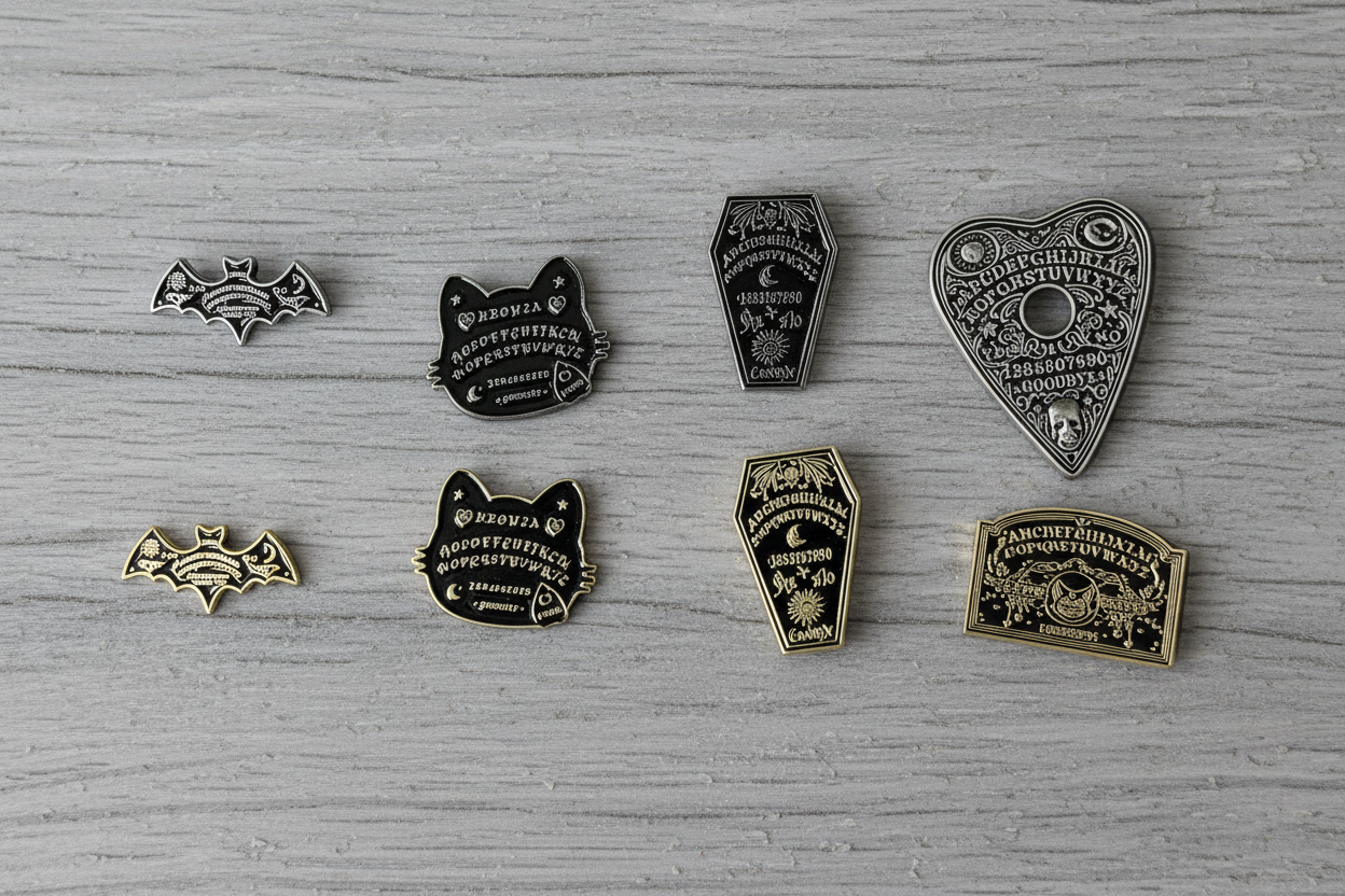 Ouija Planchette Enamel Pin collection on wood background witchy enamel pin with Ouija design detail