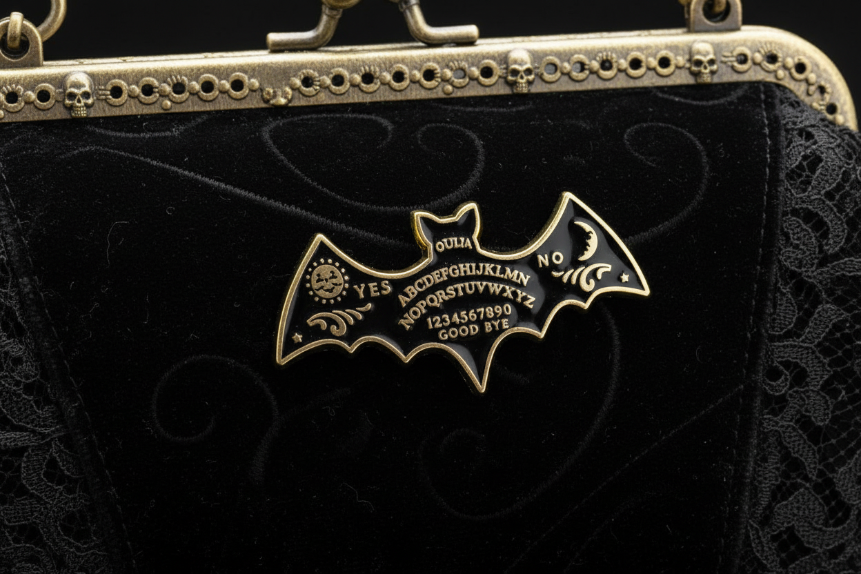 Ouija board enamel pin attached to purse witchy brooch accessory for bags and personal style