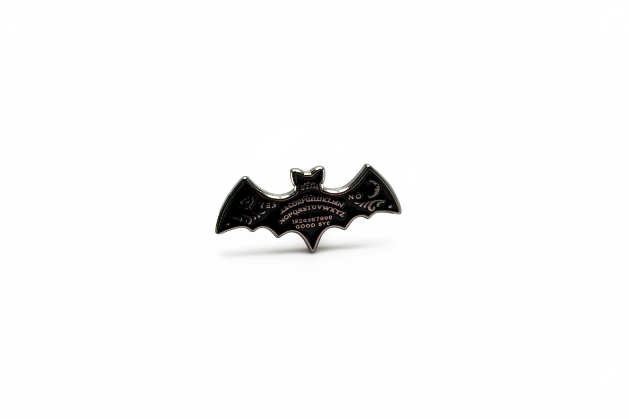 Ouija board enamel pin featuring bat shape, gothic gift for jackets and bags 