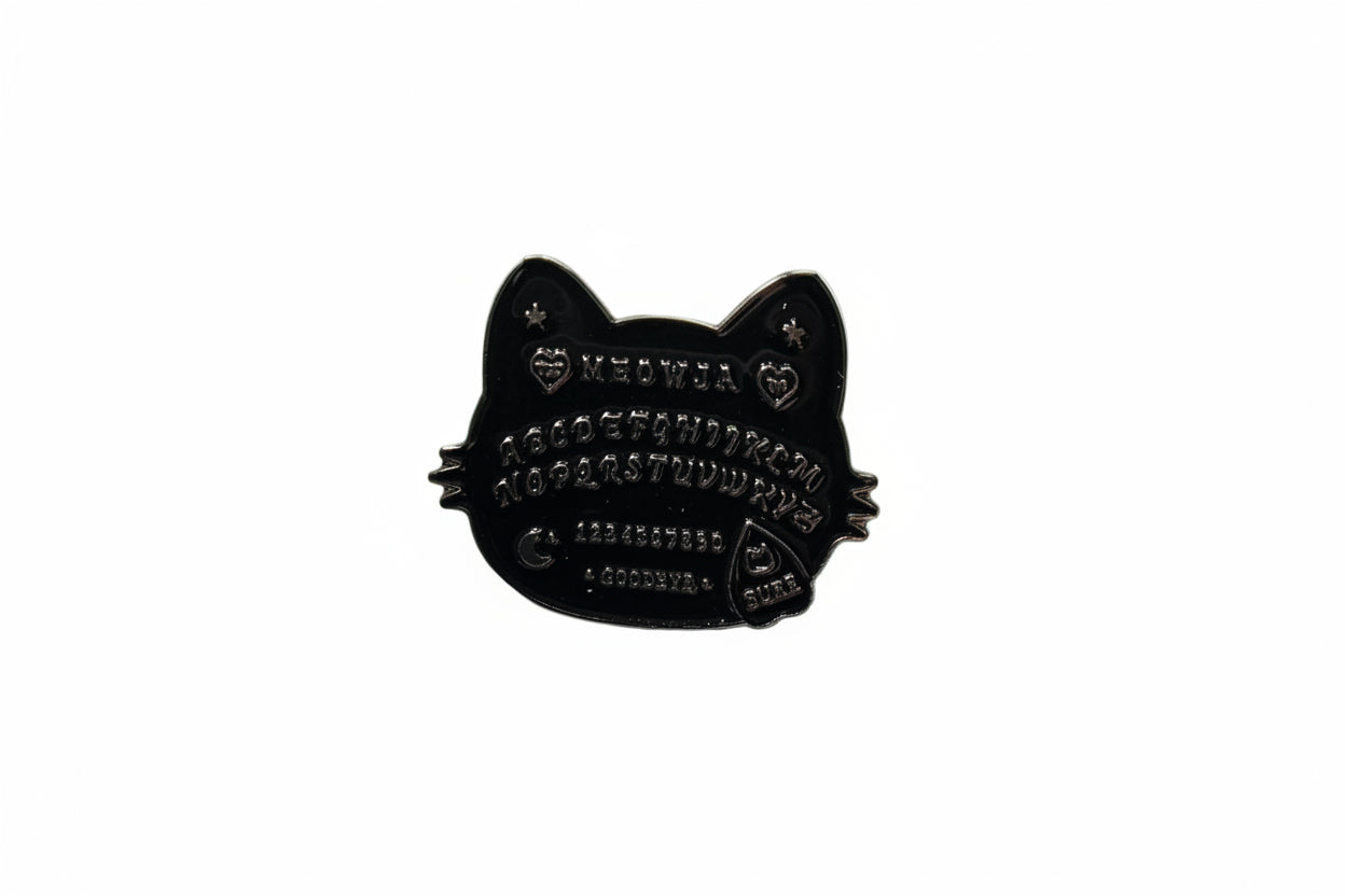 Ouija board enamel pin featuring cat shape, occult gift for jackets and bags 