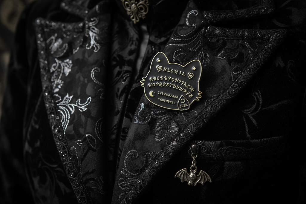 Ouija board enamel pin worn on jacket lapel, occult pin style for everyday wear