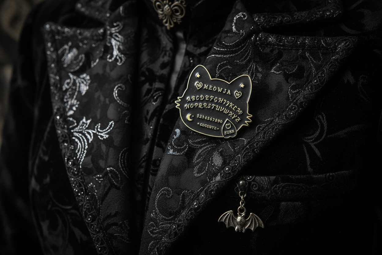 Ouija board enamel pin worn on jacket lapel, occult pin style for everyday wear