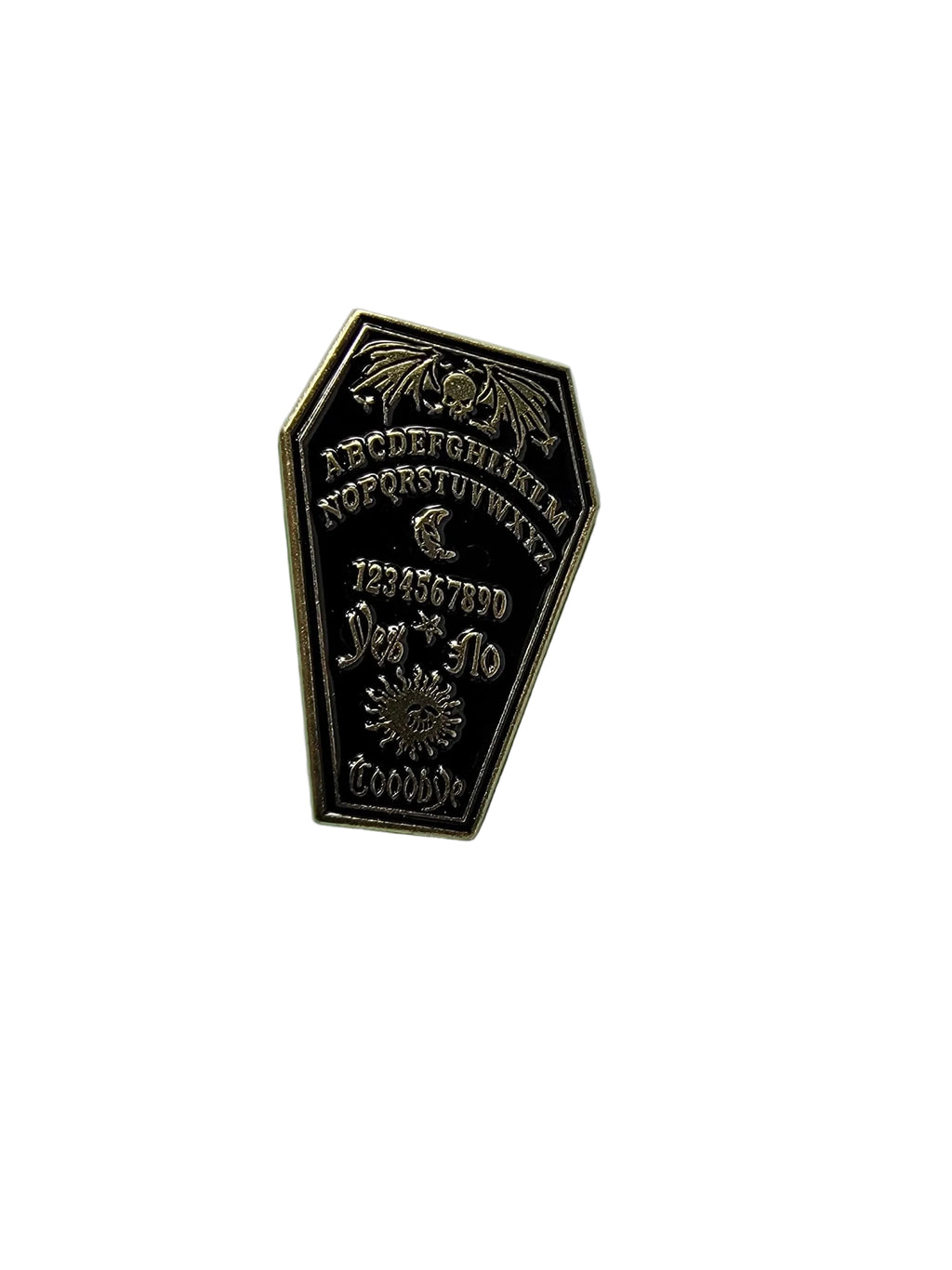 Ouija board enamel pin featuring coffin shape, goth gift for jackets and bags 