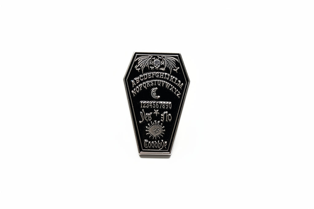 Ouija board enamel pin featuring coffin shape, witch gift for jackets and bags 