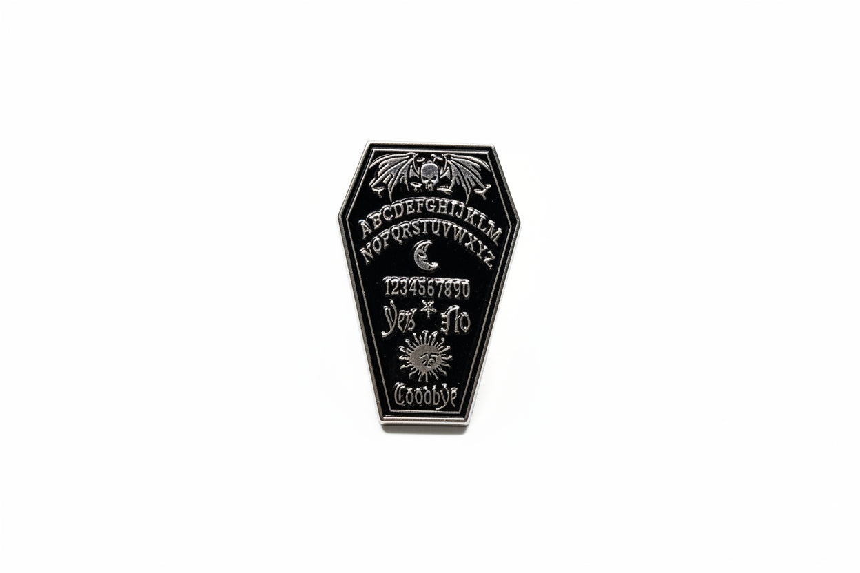 Ouija board enamel pin featuring coffin shape, witch gift for jackets and bags 