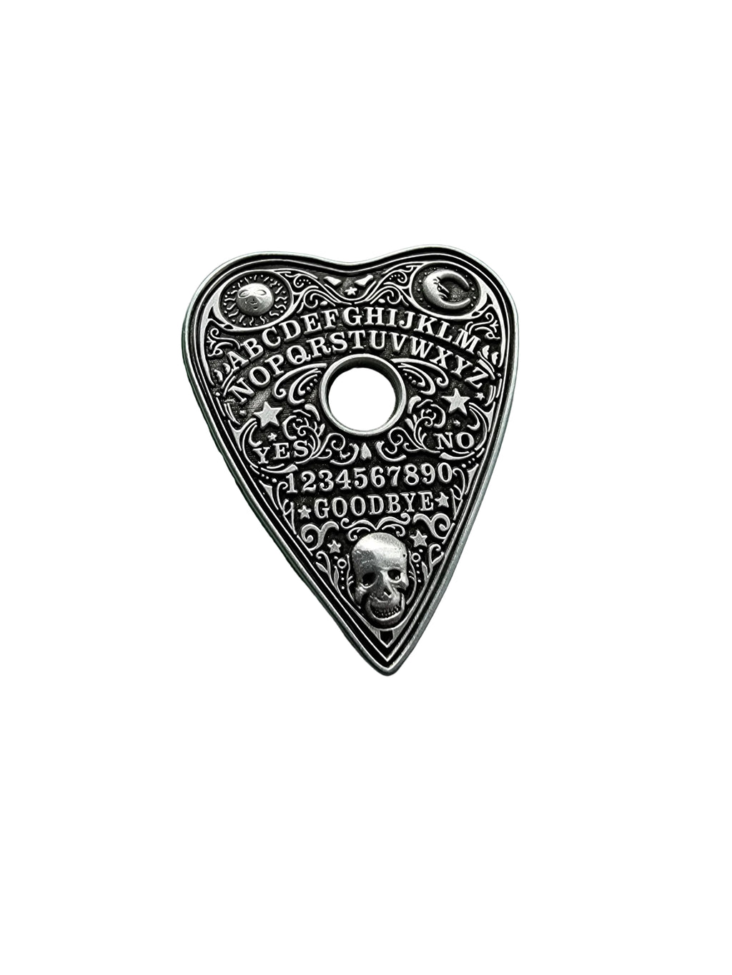 Ouija board enamel pin featuring planchette design, goth gift for jackets and bags 