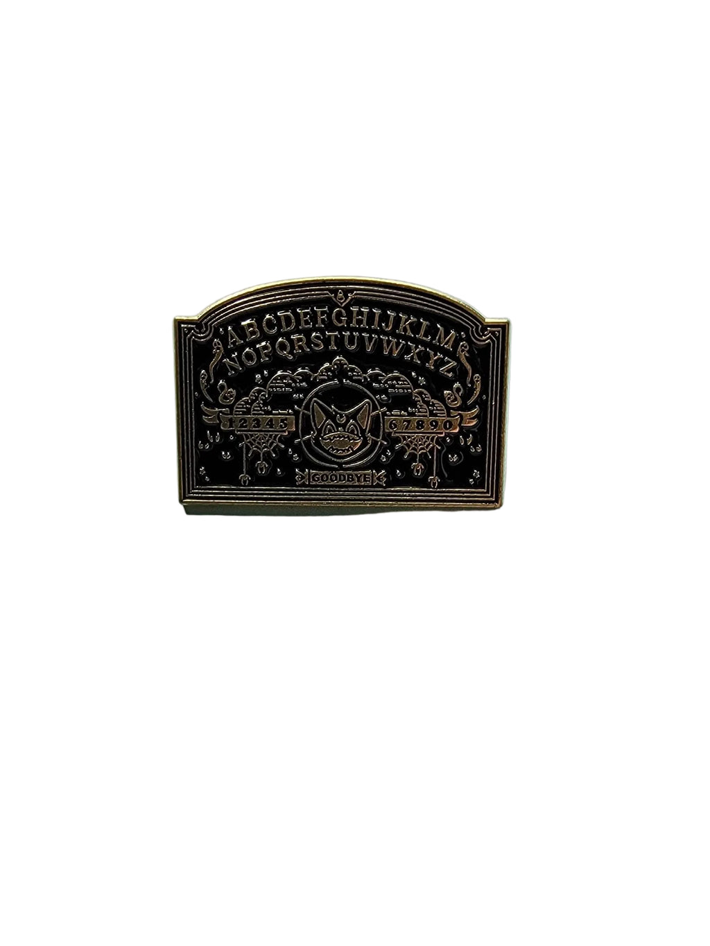 Ouija board coffin enamel pin featuring classic rectangle shape, mystical gift for jackets and bags 
