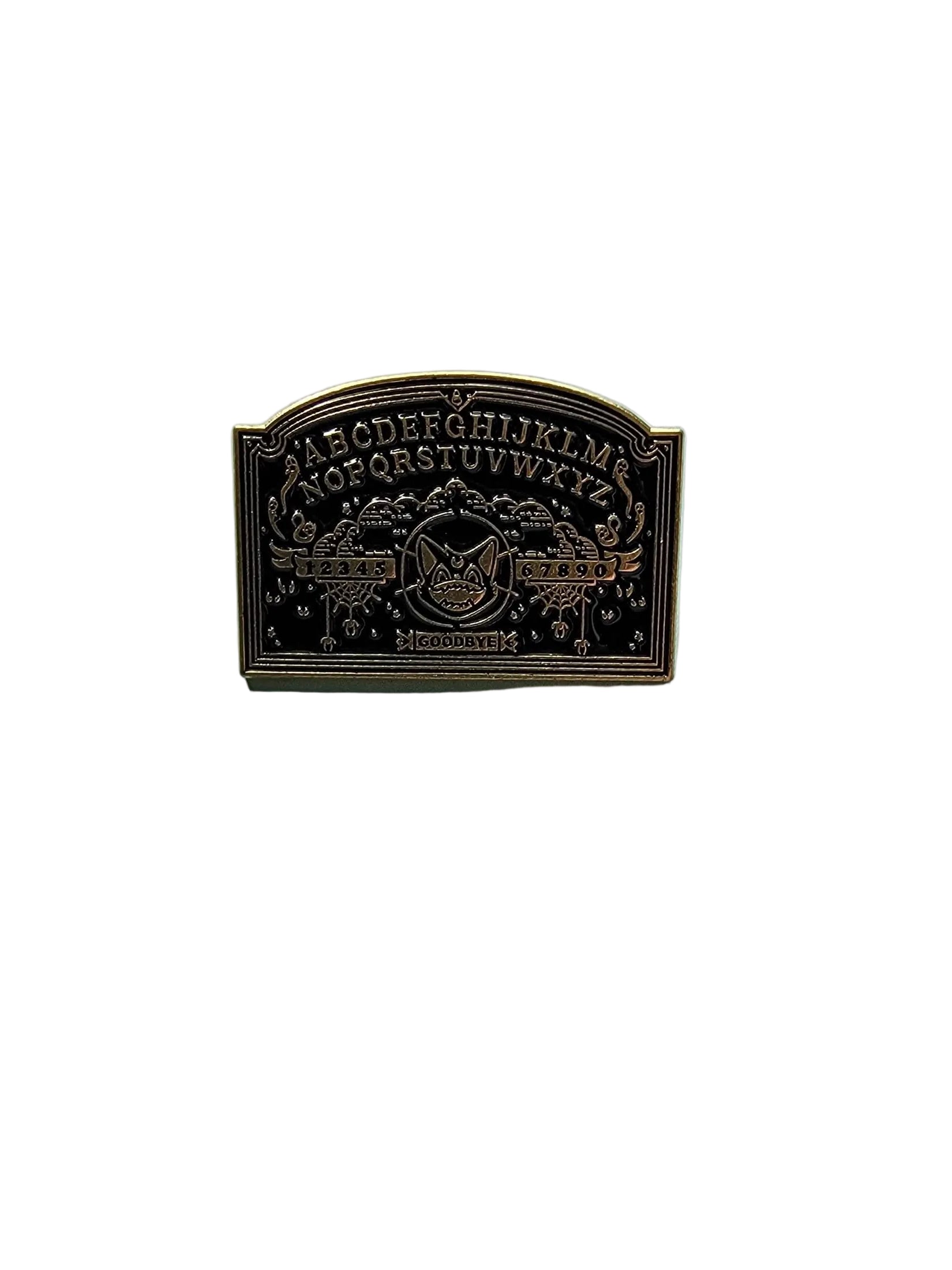 Ouija board coffin enamel pin featuring classic rectangle shape, mystical gift for jackets and bags 