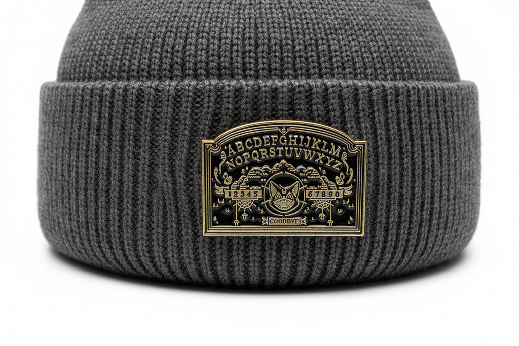 Ouija board rectangular enamel pin worn on beanie hat gothic enamel pin for casual outfits and street wear