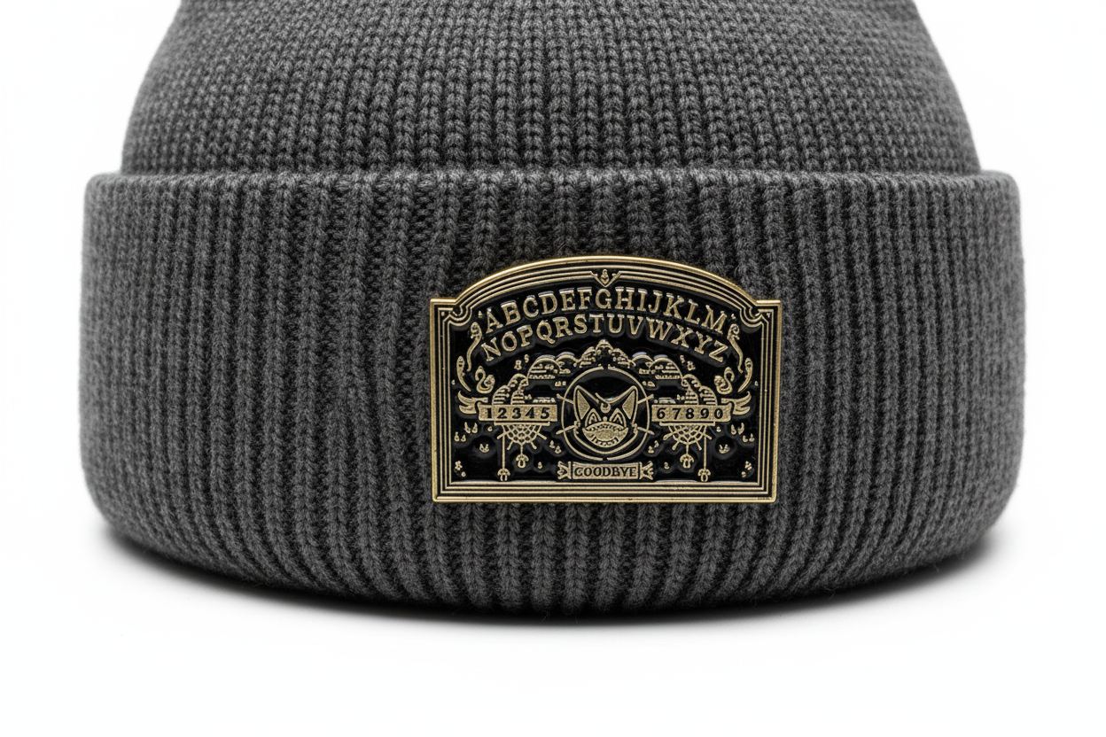 Ouija board rectangular enamel pin worn on beanie hat gothic enamel pin for casual outfits and street wear