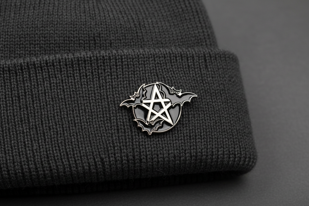 Pentagram Bat Enamel Pin worn on beanie hat alternative enamel pin for casual outfits and street wear
