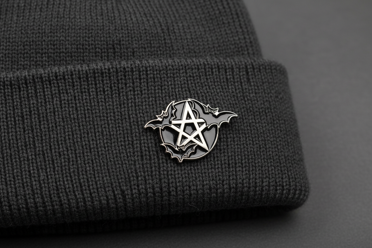 Pentagram Bat Enamel Pin worn on beanie hat alternative enamel pin for casual outfits and street wear