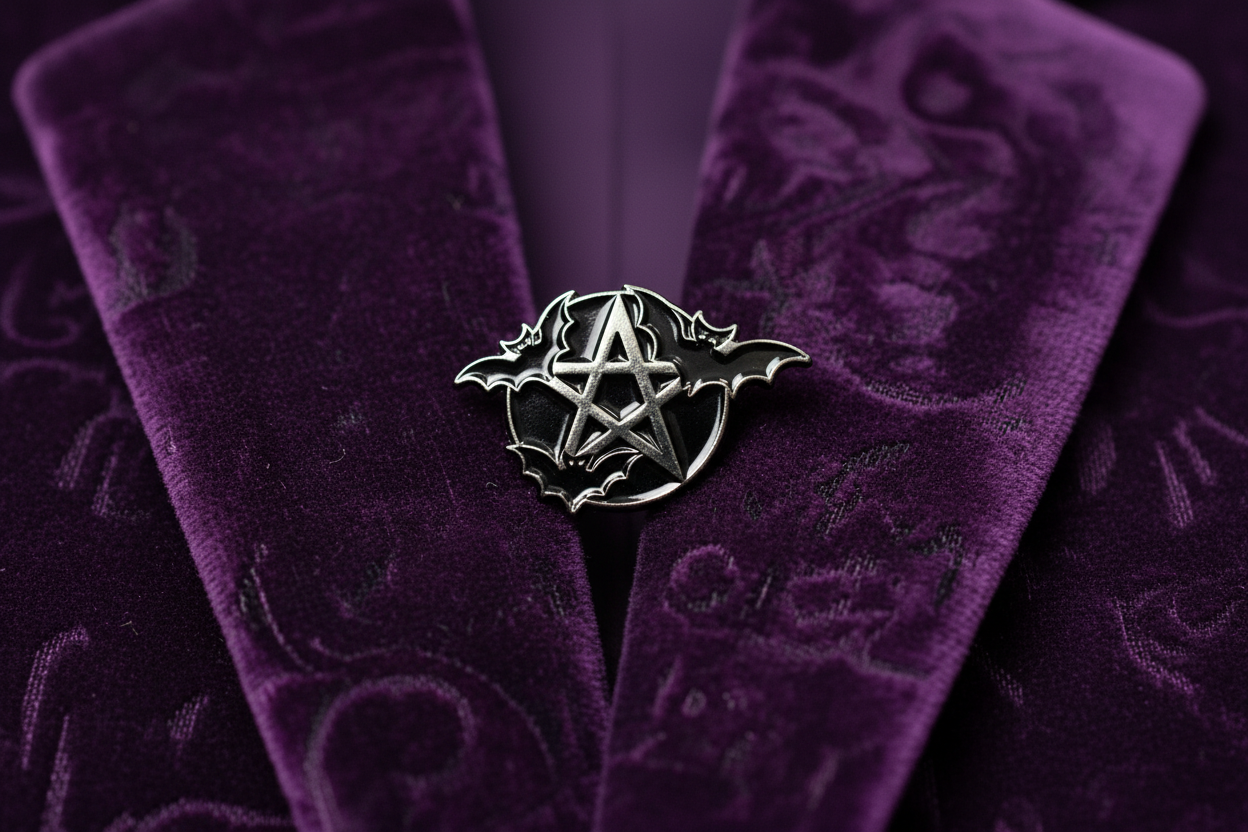 Pentagram Bat Enamel Pin worn on jacket lapel, gothic pin style for everyday wear