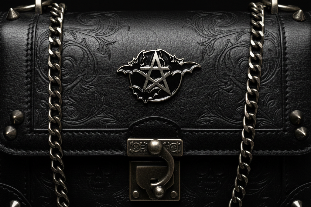 Pentagram Bat Enamel Pin attached to purse witch brooch accessory for bags and personal style