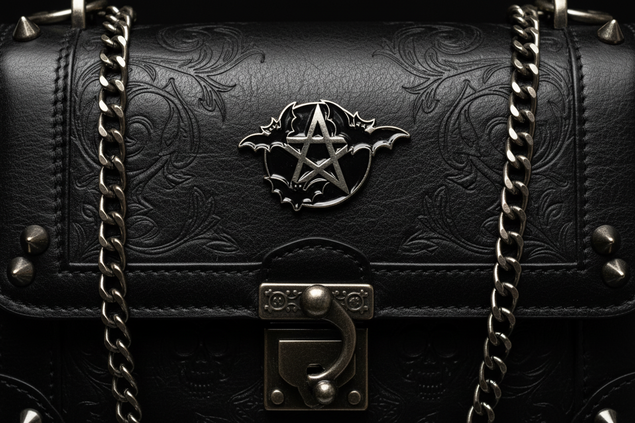Pentagram Bat Enamel Pin attached to purse witch brooch accessory for bags and personal style