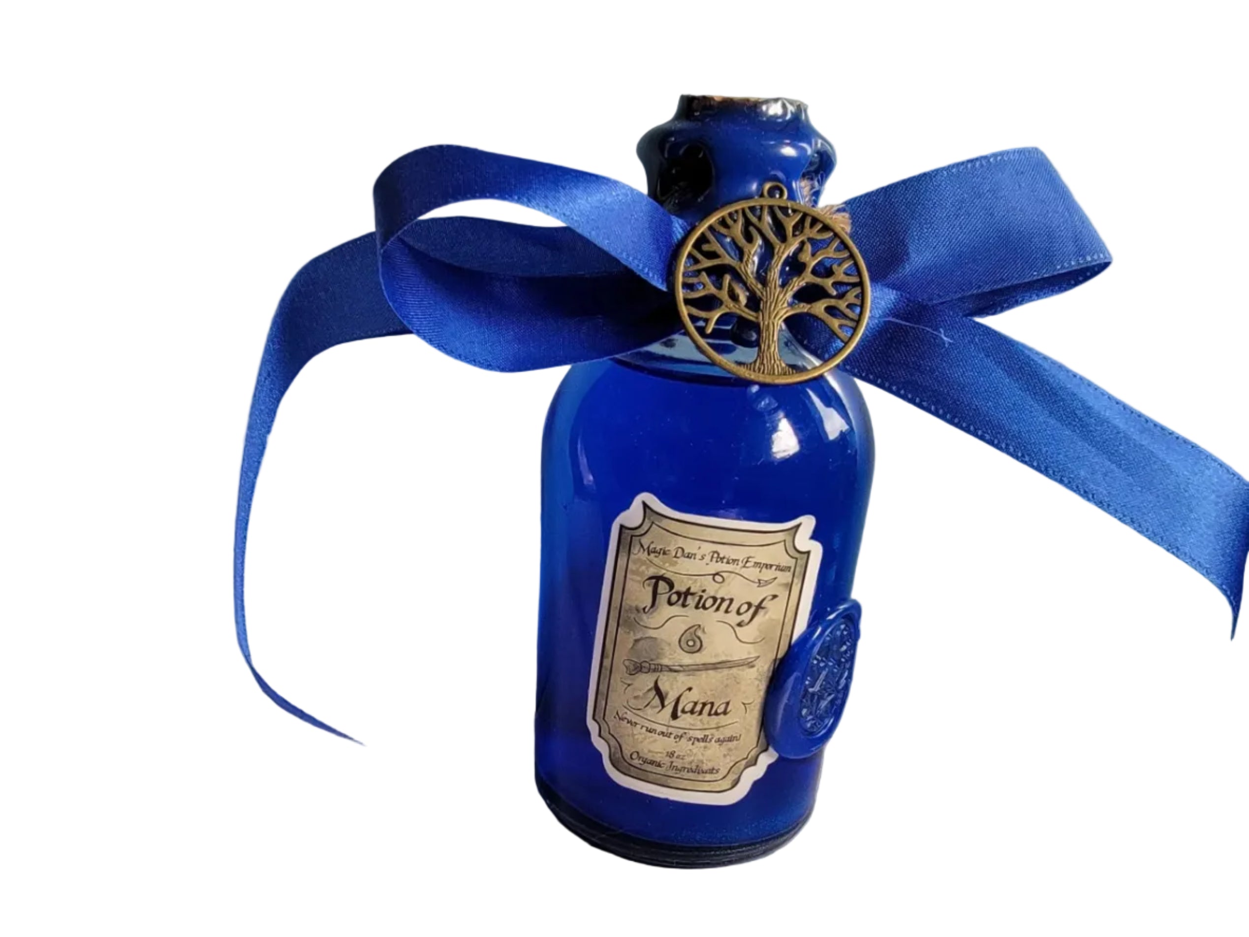 Blue bottle with a decorative label and blue ribbon on a white background.