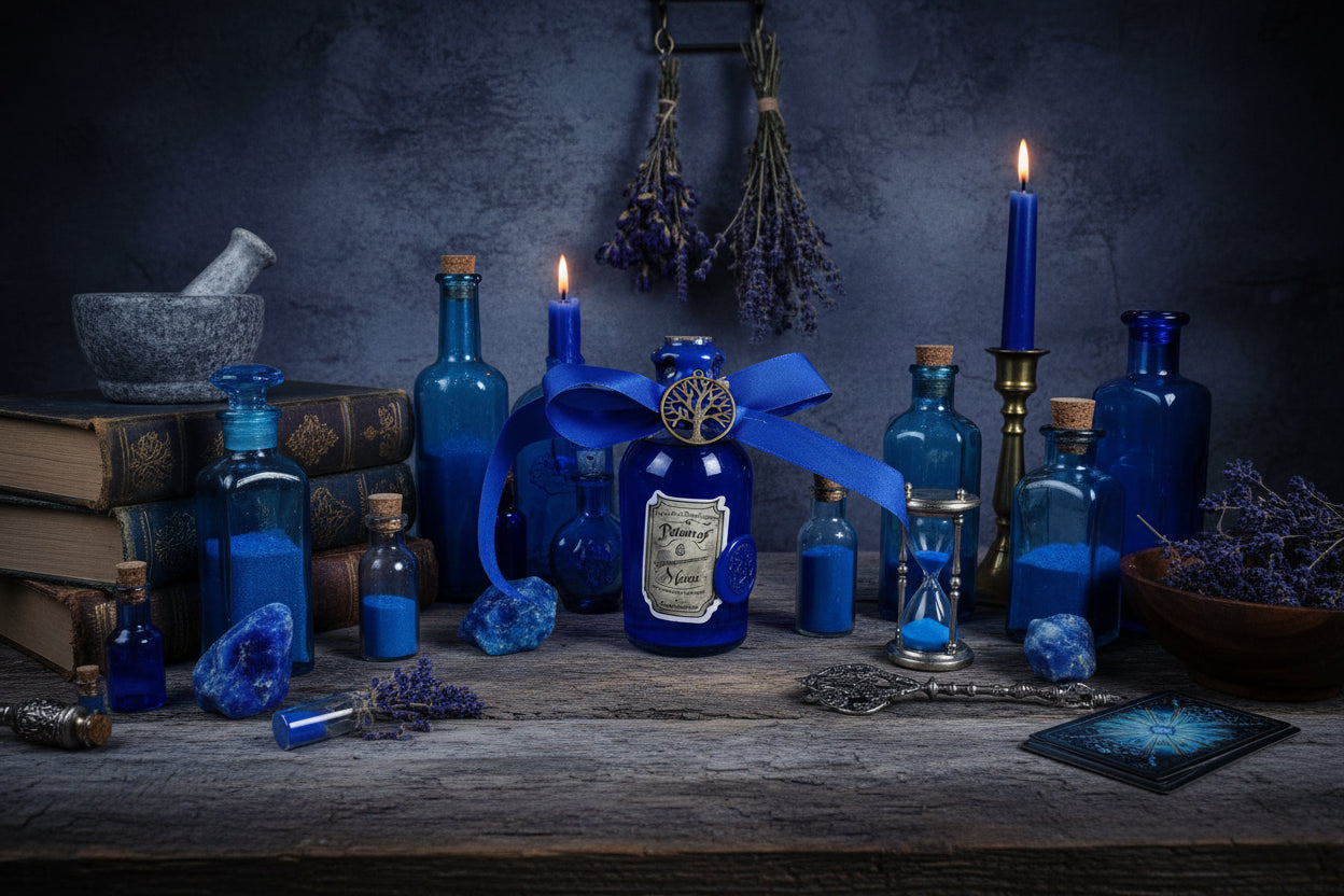 Swirling Blue Potion Bottle – Gothic Witch Decor – DND Display Prop – Fantasy LARP Accessory