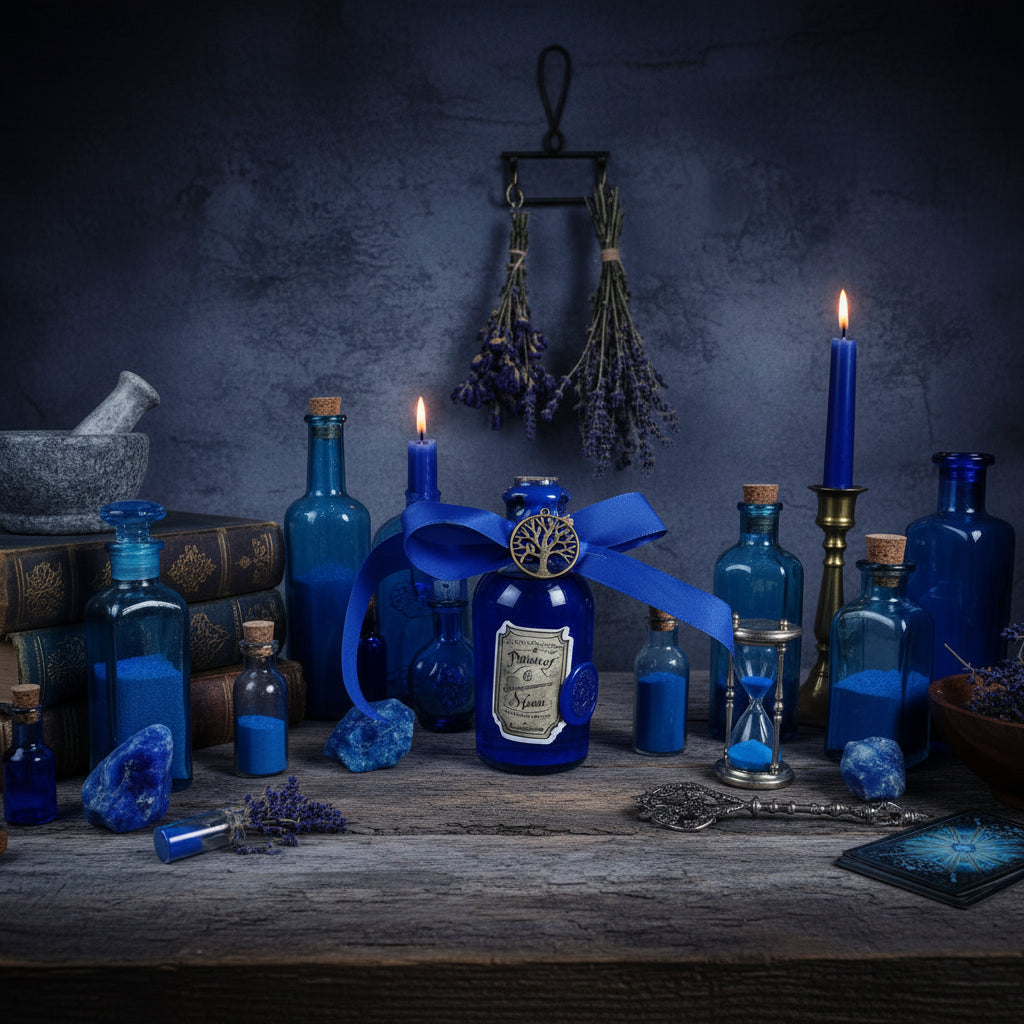 fantasy-inspired potion bottle displayed in Gothic witch decor with colored glass, wax seal and apothecary styling