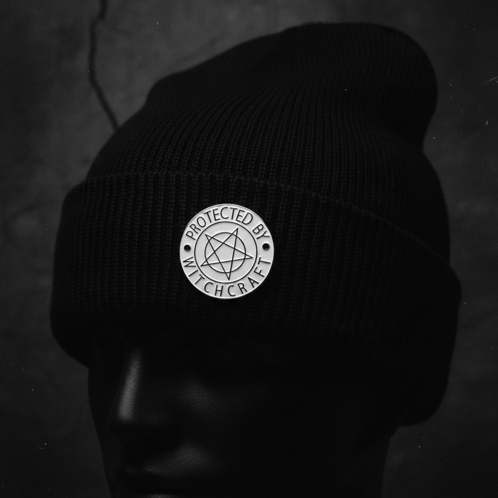 Protected by witchcraft enamel pin worn on beanie hatalternative enamel pin for casual outfits and street wear