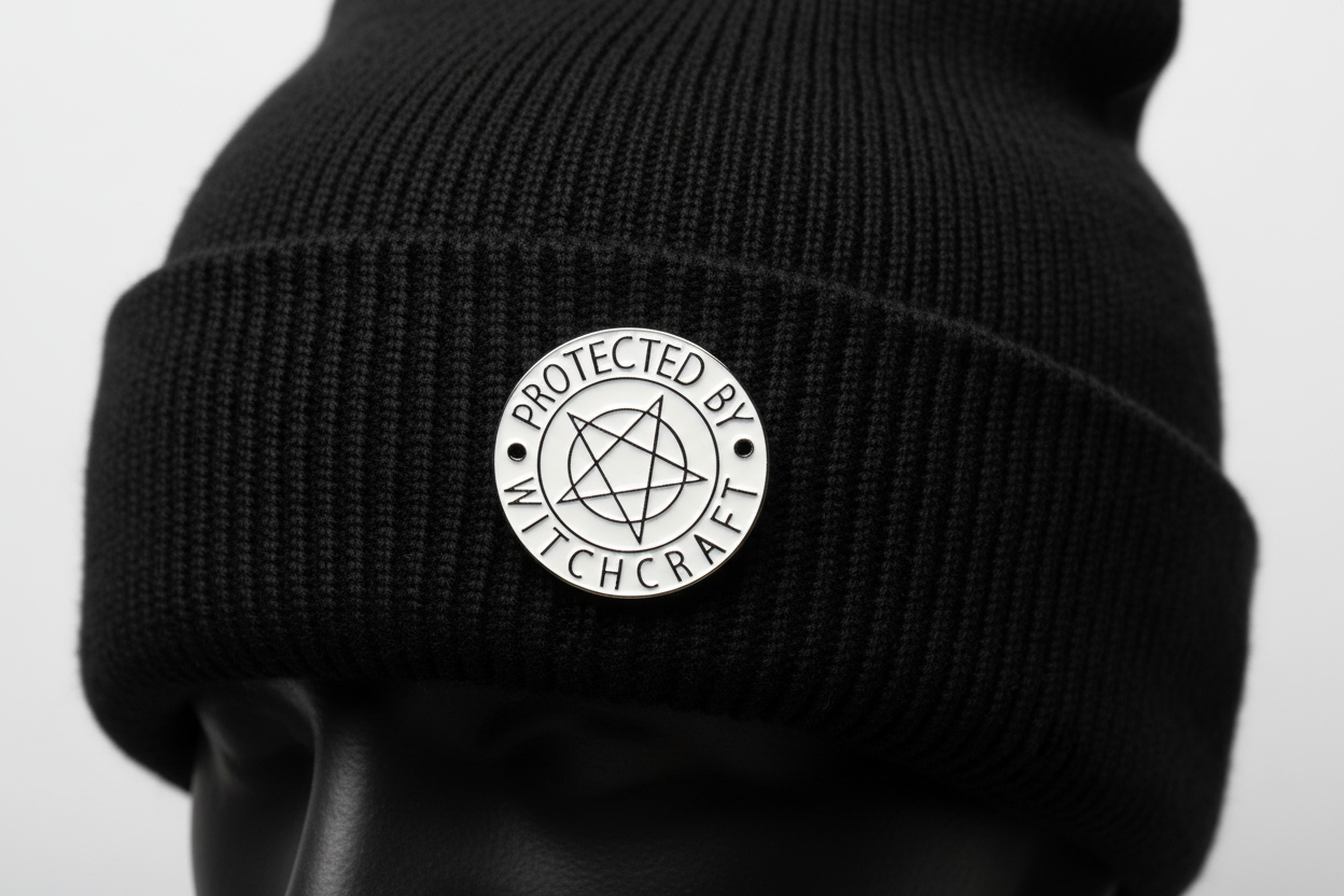 Protected by Witch Craft Enamel Pin – Gothic Pentagram Witch Button – 1” White Occult Lapel Pin