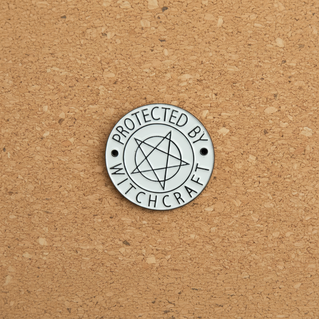Protected by witchcraft enamel pin displayed on cork board witchy enamel pin for collectors and display