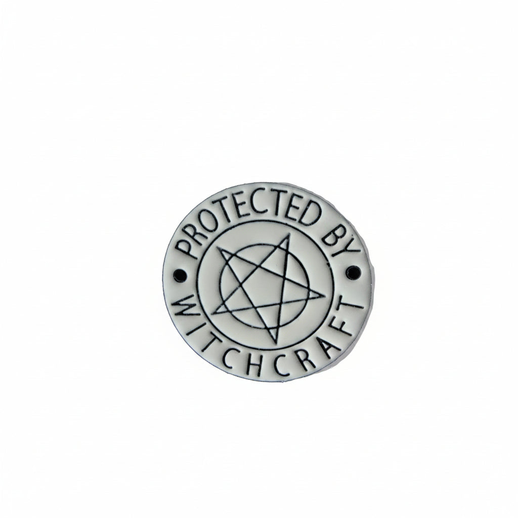 protected by witchcraft enamel pin, featuring pentagram, goth enamel pin for alternative outfits