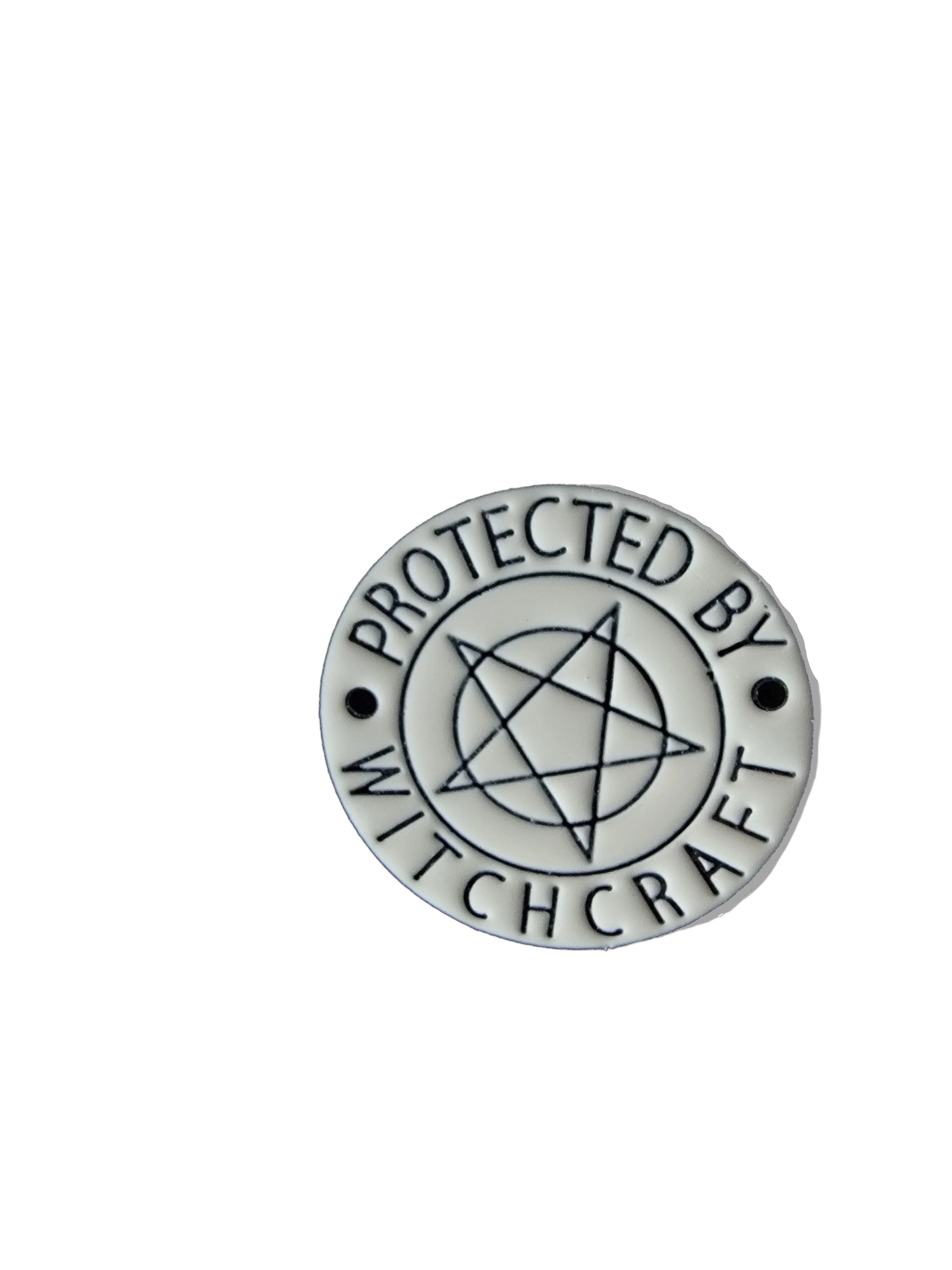 protected by witchcraft enamel pin, featuring pentagram, goth enamel pin for alternative outfits