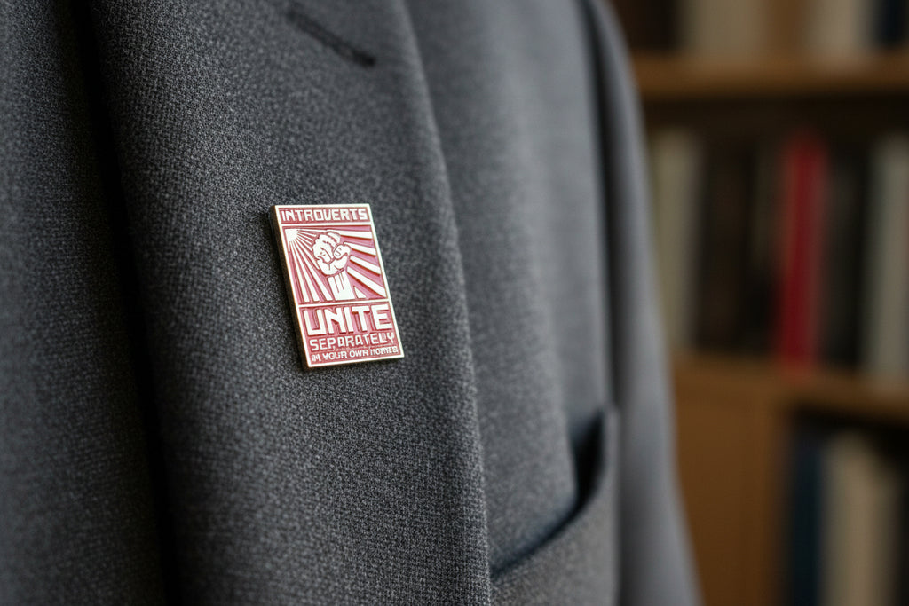 Metallic pin with text on a light gray background