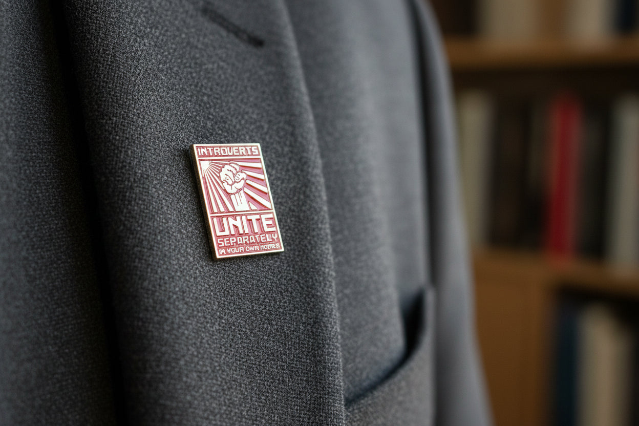 Metallic pin with text on a light gray background
