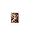 Metallic pin with text on a white background