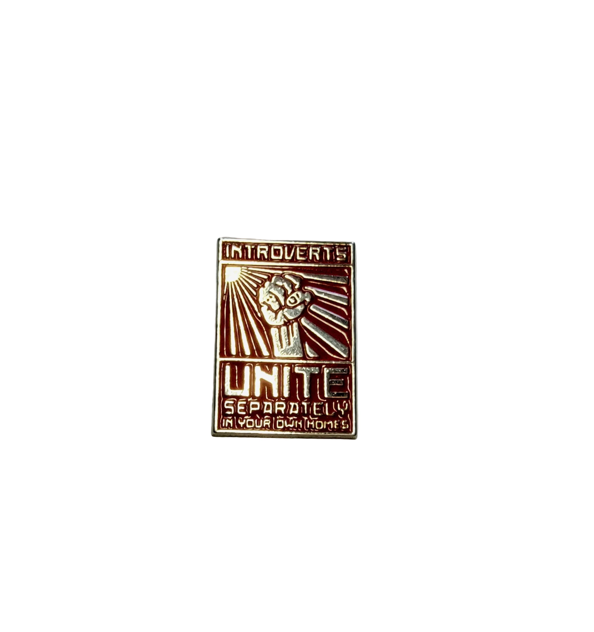 Metallic pin with text on a white background