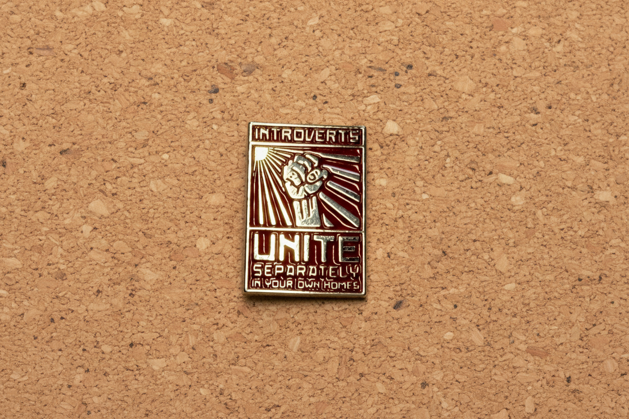 Funny Introvert Enamel Pin – Introverts Unite Separately in Your Own Homes – Red Silver Lapel Pin