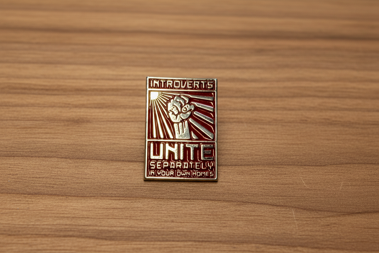 Funny Introvert Enamel Pin – Introverts Unite Separately in Your Own Homes – Red Silver Lapel Pin