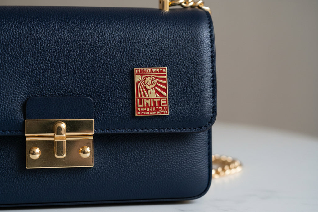 Metallic pin with text on a navy blue purse