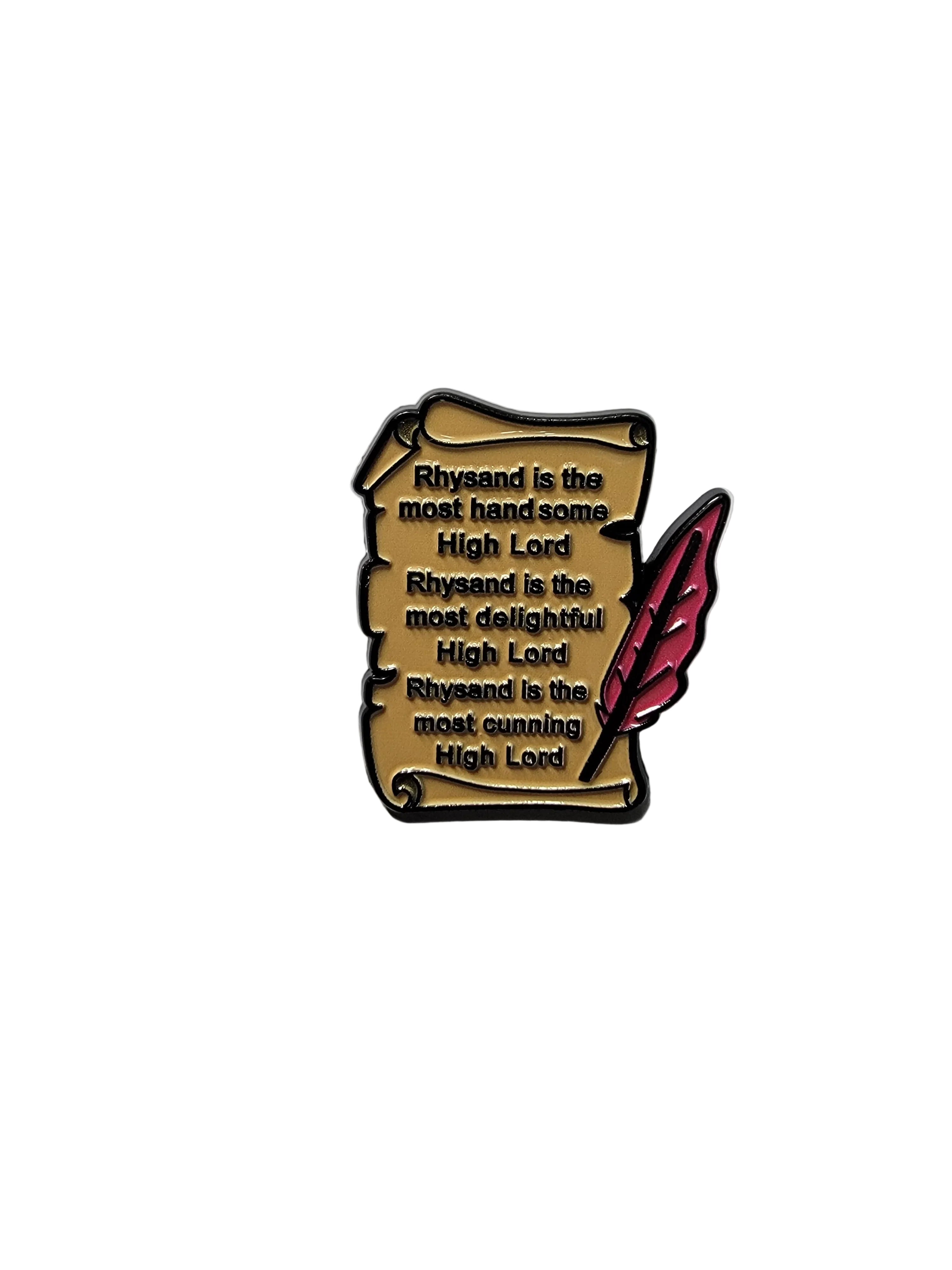 Decorative pin with text and a feather on a white background