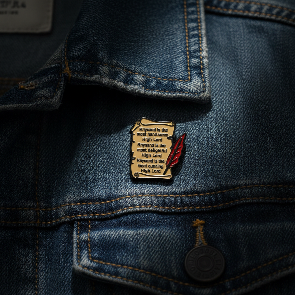 Rhysand scroll enamel pin worn on jacket lapel, acotar pin style for everyday wear