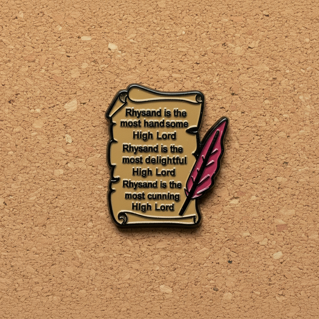 Rhysand enamel pin isplayed on cork board acotar enamel pin for collectors and display