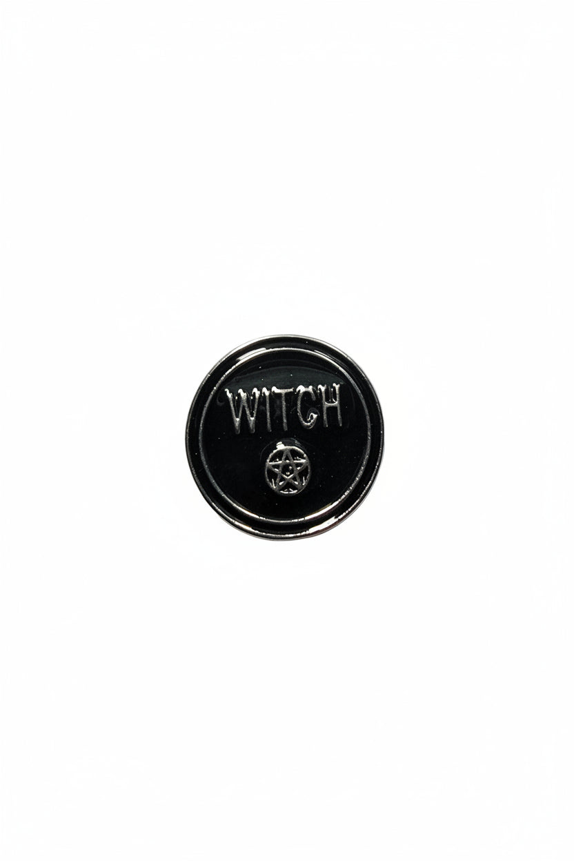 Round Witch Enamel Pin featuring silver pentagram, wiccan gift for jackets and bags 