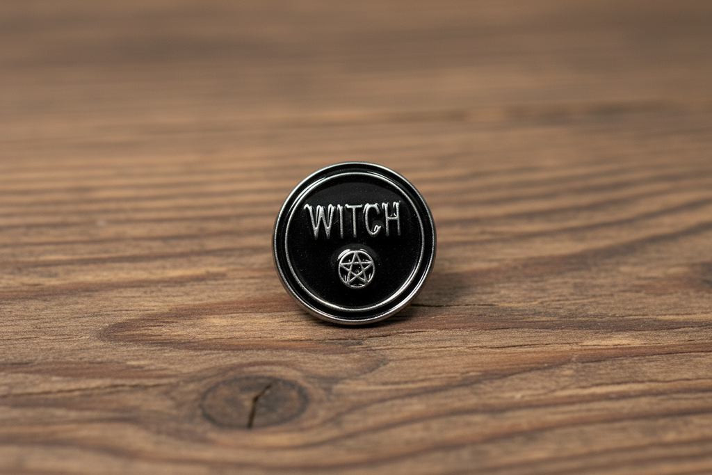 Round Witch Enamel Pin on wood background Gothic enamel pin with silver pentagram detail