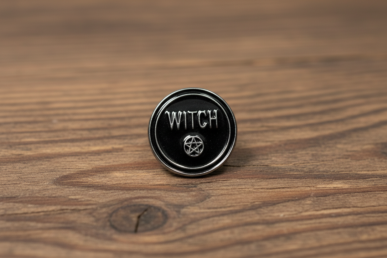 Round Witch Enamel Pin on wood background Gothic enamel pin with silver pentagram detail