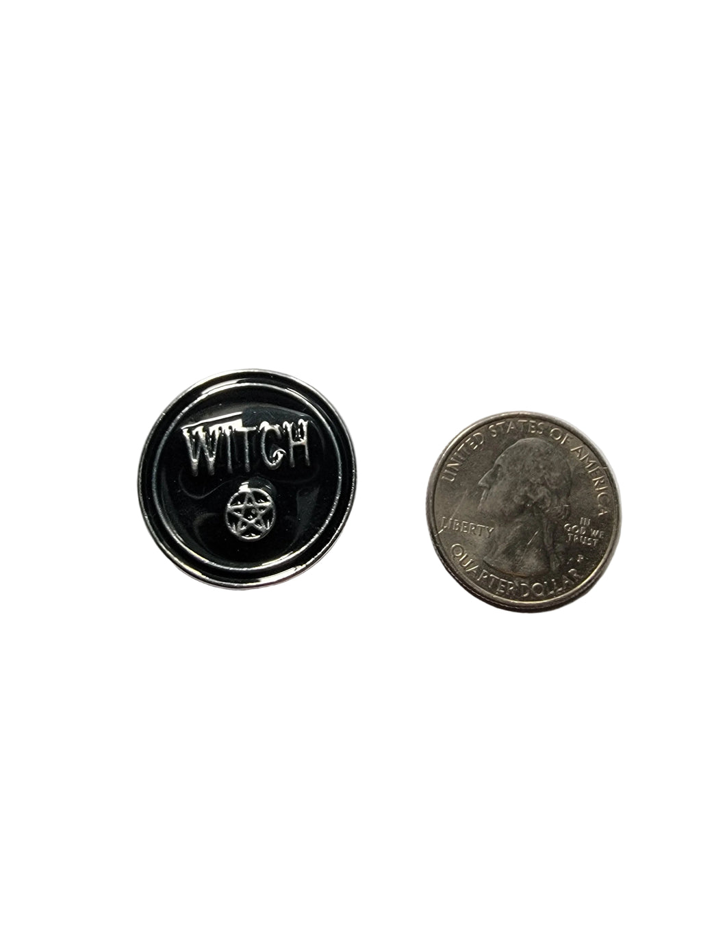 Round Witch Enamel Pin shown next to quarter for size reference witchy enamel pin dims  1 in W x 1 in H