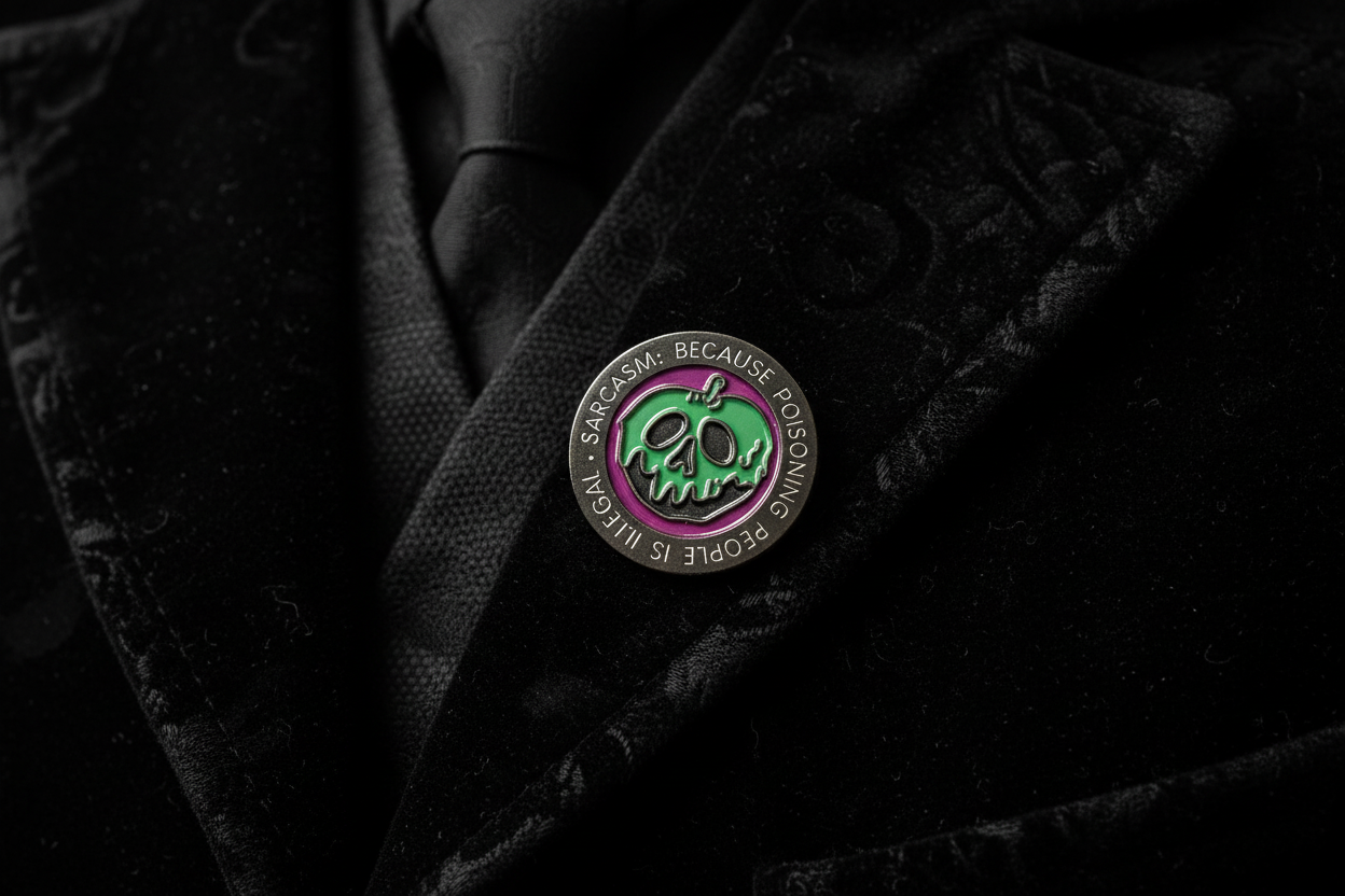 Sarcasm Because Poisoning People Is illegal Enamel Pin worn on jacket lapel, gothic pin style for everyday wear