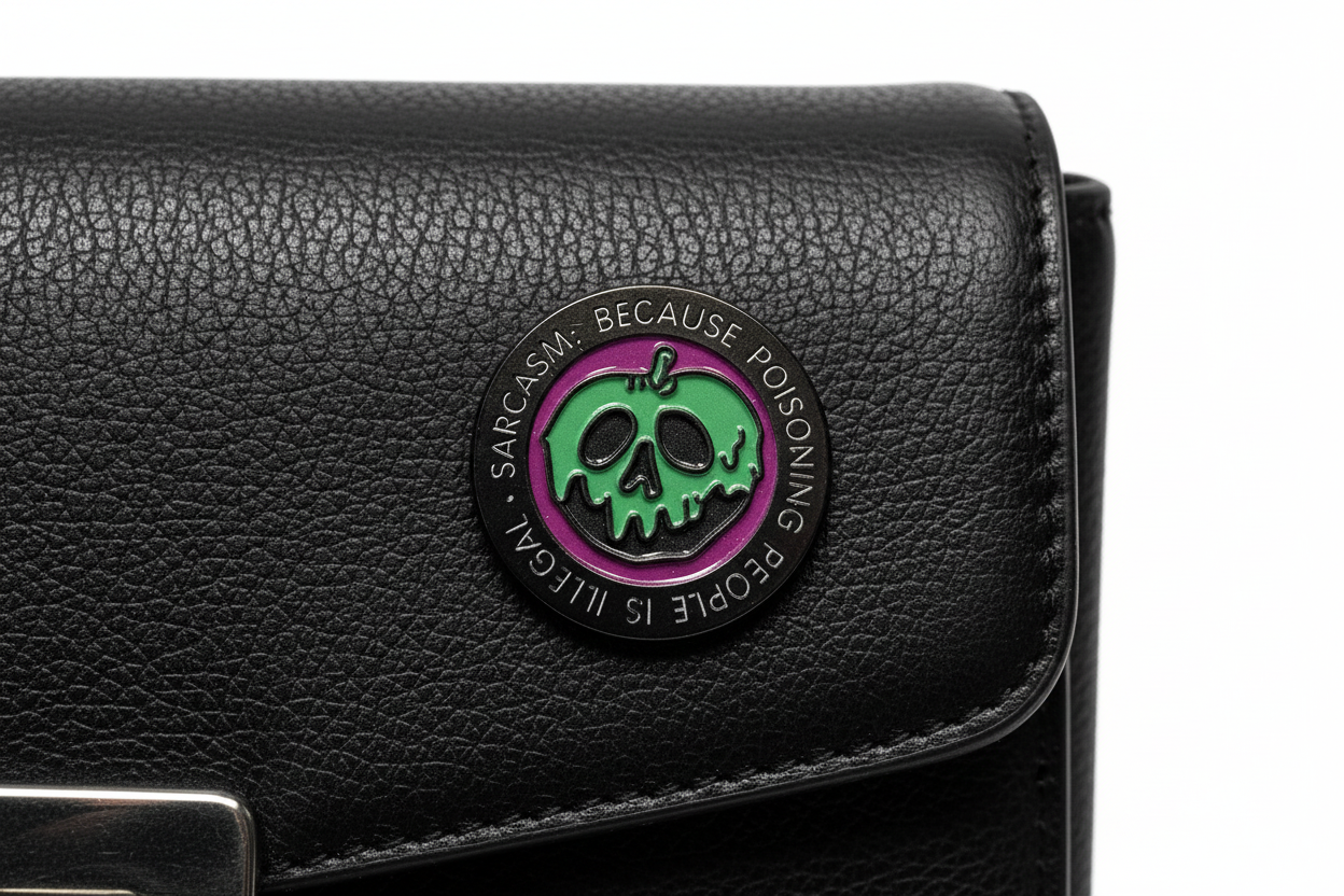 Sarcasm Because Poisoning People Is illegal Enamel Pin attached to purse witchy brooch accessory for bags and personal style