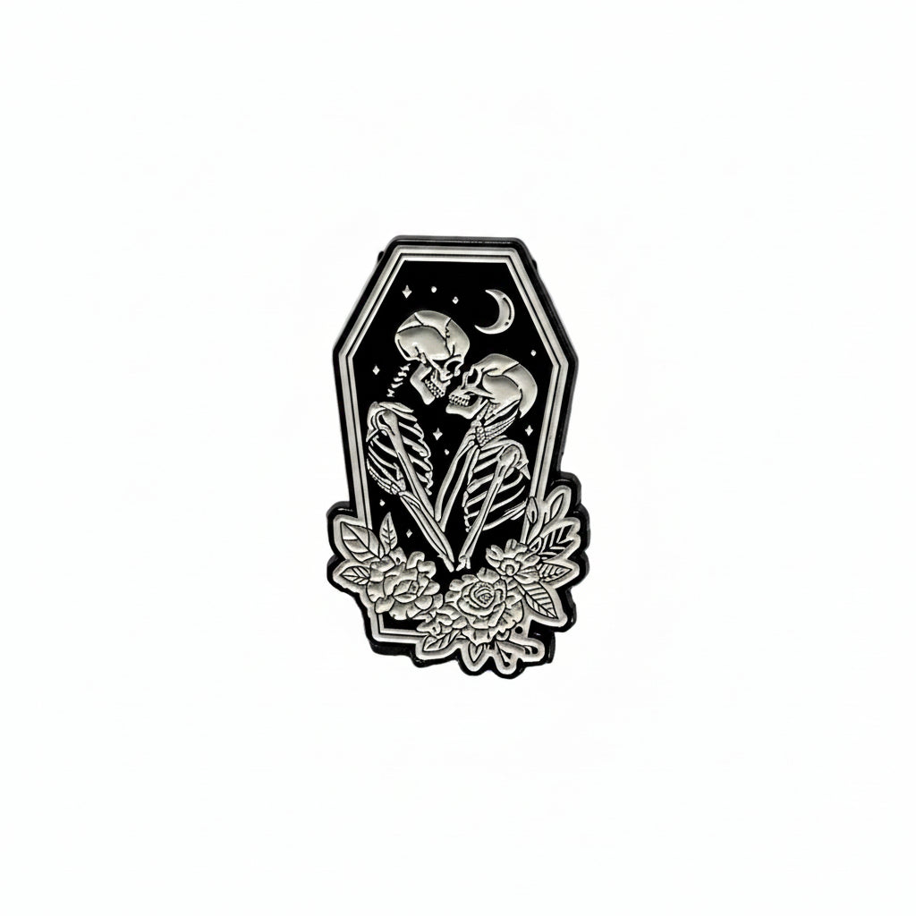 Skeleton lovers enamel pin featuring coffin shape, goth gift for jackets and bags 