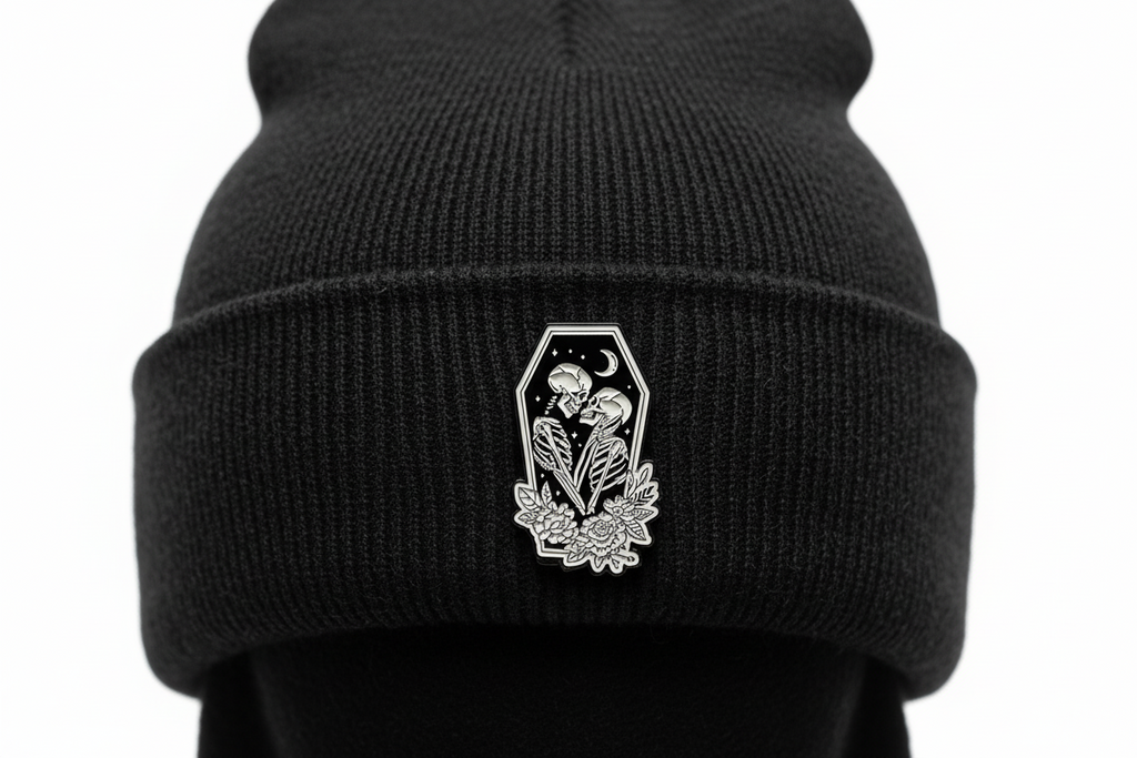 Skeleton lovers enamel pin worn on beanie hat alternative enamel pin for casual outfits and street wear