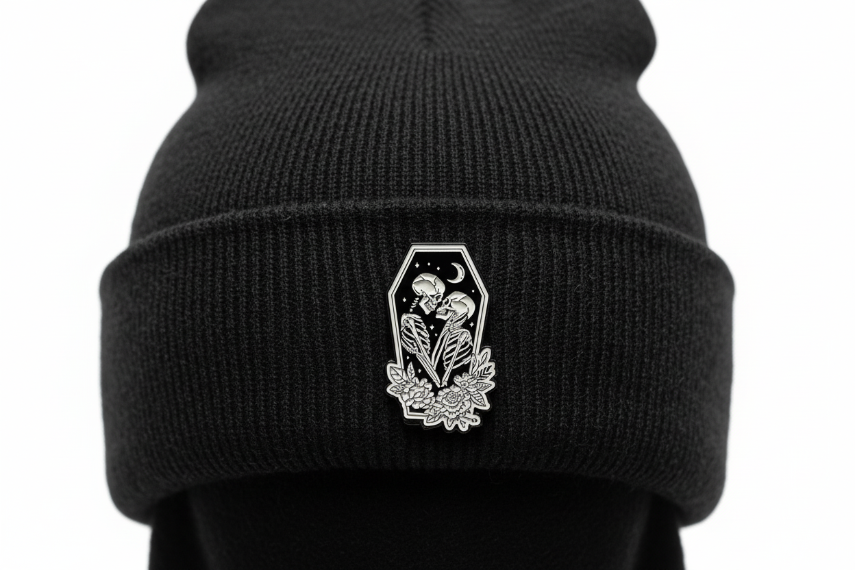 Skeleton lovers enamel pin worn on beanie hat alternative enamel pin for casual outfits and street wear